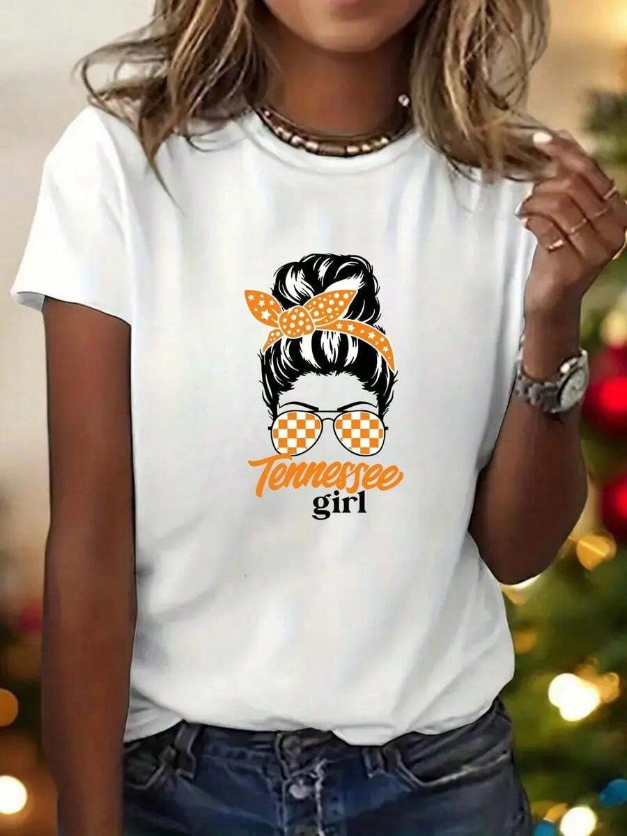 1 pieza de playera de manga corta 100% algodón, cuello redondo casual con estampado, chica adorable con gafas de sol, manga corta transpirable para uso diario - Blanco - Ver 1