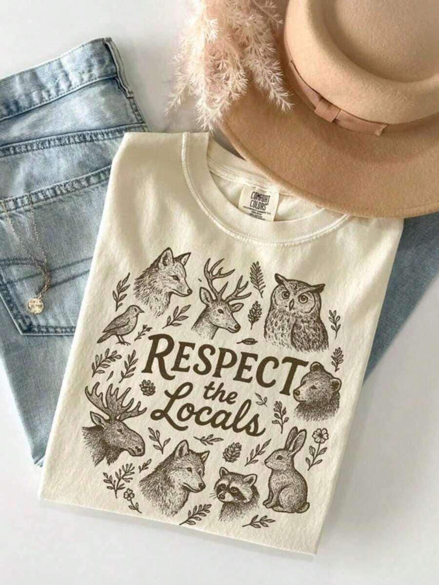 National Park T-Shirt, "Respect Local People" T-Shirt, Camping T-Shirt, Gift For Camping Lovers, Wild Animal T-Shirt, Women's Nature Design T-Shirt, Casual Cotton Crew Neck T-Shirt For Spring And Summer, Super Soft, Breathable Summer T-Shirt - Perfect Gift For Easter, St. Patrick's Day, Valentine's Day, Mother's Day For Mom, Couples, Family And Friends. - 1-白色 - 查看 1