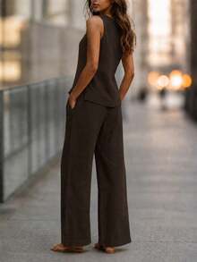 Women's Linen 2 Pieces Set, Casual Solid Color Round Neck Vest And Wide Leg Pants, Summer - Dark Brown - View 3