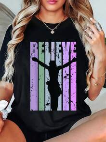 Camiseta de Talla para Mujer con Estampado Vintage de la Crucifixión de Jesús - Cuello Redondo Negro Suave de Manga Corta con Diseño de Cruz y la Frase en Él - Ropa Cristiana para Pascua y Navidad, Top Casual de Inspiración Religiosa - Camiseta Vintage de Estilo Urbano Unisex de Algodón Suelto de Manga Corta y Cuello Redondo - Negro - Ver 7