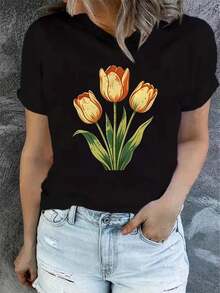 Camiseta de manga corta estampada para mujer, moderna y casual, lavable aáquina, ajuste cómodo, estampado plano 2D, estilo vintage urbano, unisex, de algodón, cuello redondo. - Negro - Ver 7
