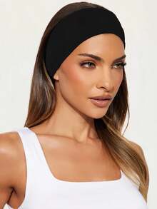 1 pieza Diadema deportiva de yoga de color negro sólido, banda absorbente de sudor de verano para hombres & mujeres, adecuada para correr, fitness, yoga, porrismo, baile, lavar la cara, maquillaje, quitar el maquillaje, accesorios para el cabello de uso diario en verano - Negro - Ver 2