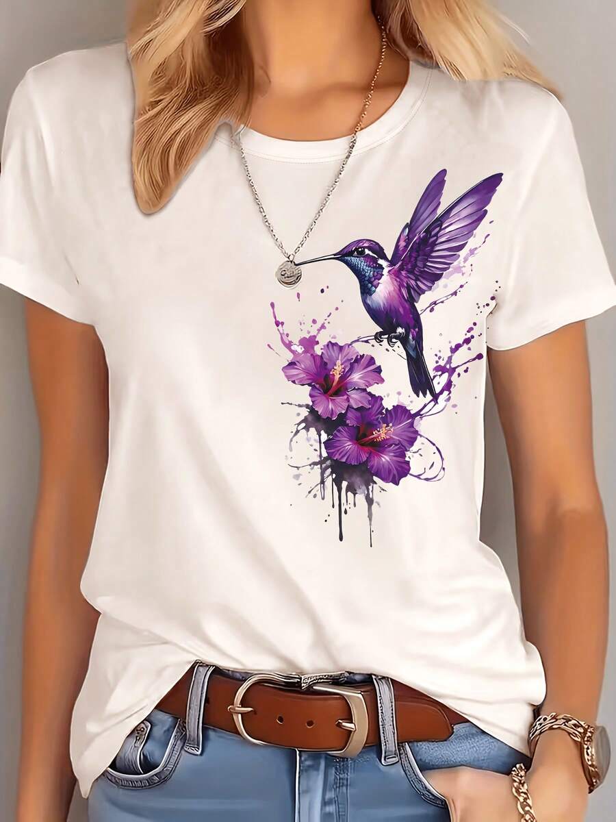 Camiseta de mujer con estampado floral y colibrí acuarela, cuello redondo, manga corta, corte holgado, camiseta casual, top básico versátil para uso diario, vacaciones y desplazamientos - Blanco - Ver 1