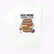 1PC Camiseta "Hug More Worry Less" con diseño de barril de vino - Estilo vintage urbano, unisex, de algodón, manga corta, cuello redondo, camisetas para mujer. blusas.blusas casuales para dama. - Blanco - Ver 2
