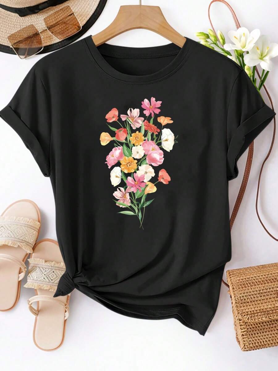 Una camiseta de manga corta para mujer, moderna, a la moda, retro, casual y holgada, adecuada para actividades al aire libre en primavera y verano.Camiseta casual de manga corta para mujer - estampado con diseño de ramo floral, tela suave y elástica, lavable a máquina, cómoda para todas las estaciones, perfecta para el uso diario.blusas para mujer,blusas casuales para dama,tops,, mujer premium,y2k,playeras de mujer curvy,ofertas y liquidaciones ropa mujer,playeras deportivas para mujer,,playeras de hombre, mujer,blusas>elegante YA2T - Negro - Ver 1