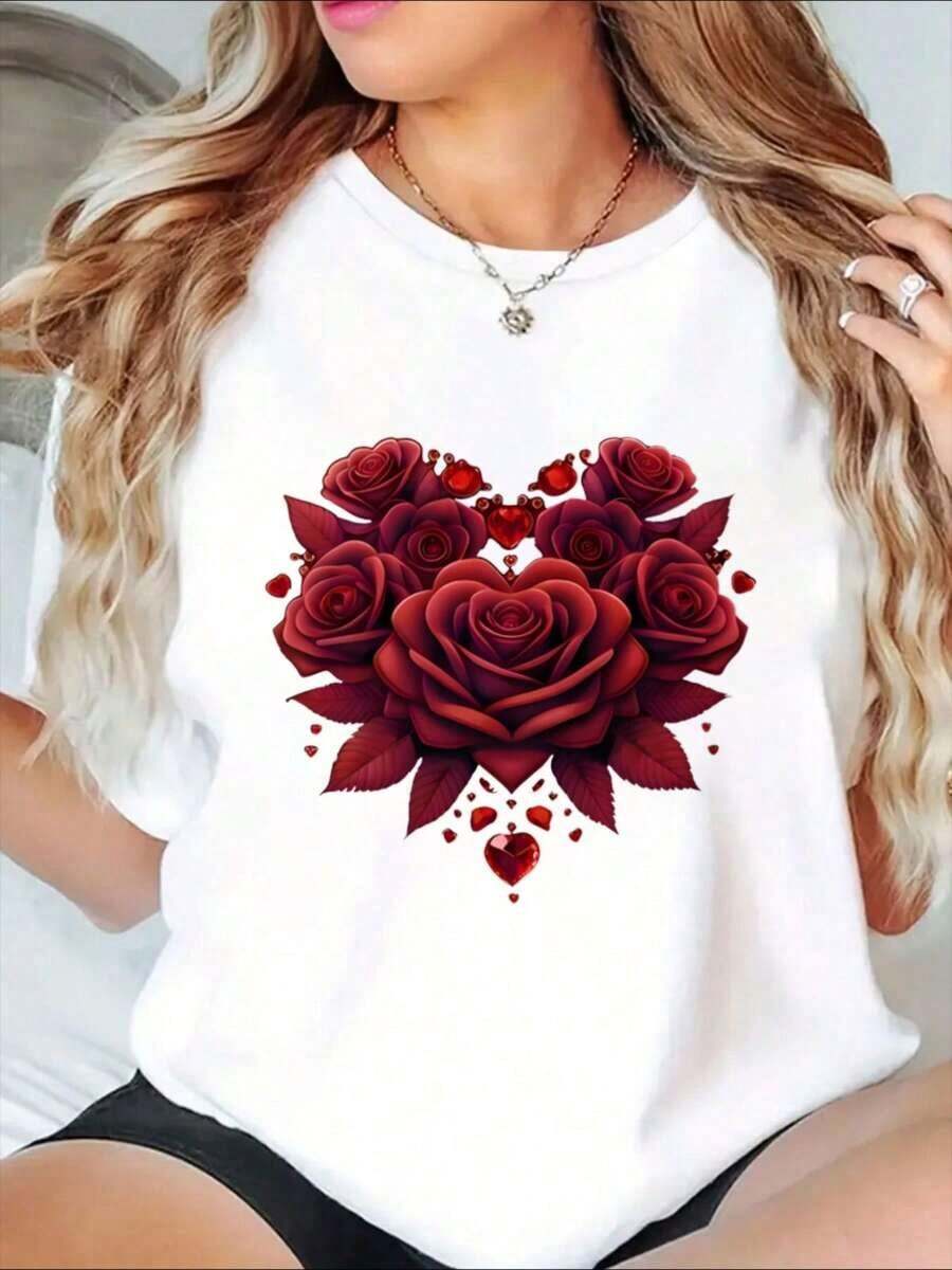 Women's T-Shirt With Rose And Heart Graphic Design, Casual Summer Top, Romantic Gift, Urban Vintage Style, Unisex, Cotton, Short Sleeve, Round Neck, 100% Cotton - 白色 - 查看 1