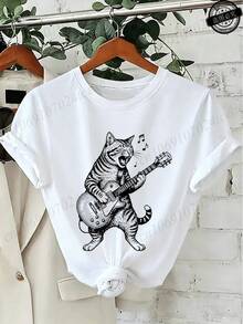 Camiseta con estampado de gato y baterista para mujer, estilo vintage, manga corta, cuello redondo, informal, holgada, ropa de calle. - Blanco - Ver 8