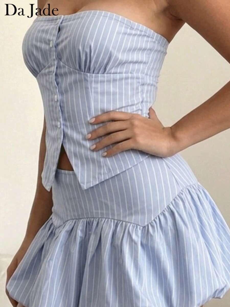 Da Jade 2pcs Women's Striped Print Button Crop Top And Ruffle Mini Skirt Set, Summer Vacation Outfit - Blue - View 1