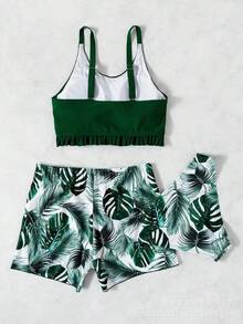 Nuevo bikini sexy y a la moda con tirantes dobles, bragas estampadas de doble pieza, traje de baño de tres piezas para mujer. - Verde militar - Ver 11