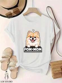 Camiseta de mujer, 1 pieza, camiseta de manga corta con cuello redondo y estampado de moda para mujer, camiseta con un lindo diseño de mamá pomerania, casual y cómoda, adecuada para uso diario.| Estampados modernos combinados con un cómodo cuello redondo| La elección perfecta para tu verano, disponible en múltiples colores. - Blanco - Ver 1