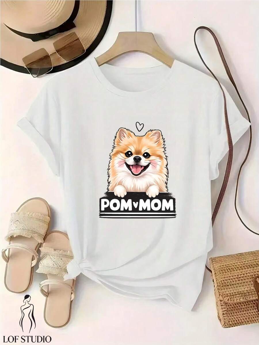 Camiseta de mujer, 1 pieza, camiseta de manga corta con cuello redondo y estampado de moda para mujer, camiseta con un lindo diseño de mamá pomerania, casual y cómoda, adecuada para uso diario.| Estampados modernos combinados con un cómodo cuello redondo| La elección perfecta para tu verano, disponible en múltiples colores. - Blanco - Ver 1