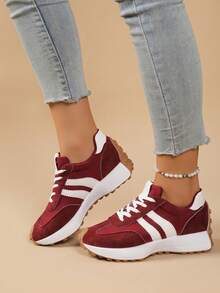 Women's White Casual Sneakers, Low-Top, Lightweight, Non-Slip, Wear-Resistant, Low Heel, Round Toe, Breathable, Lace-Up, Suitable For Outdoor Sports, - 紅色 - 查看 4