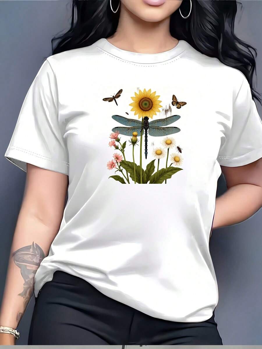 Hermosa Camiseta de Mariposa y Libélula - Una elegante elección para la moda femenina - El regalo de verano perfecto para amigas y familiares. Camiseta de manga corta cómoda y versátil. - Blanco - Ver 1