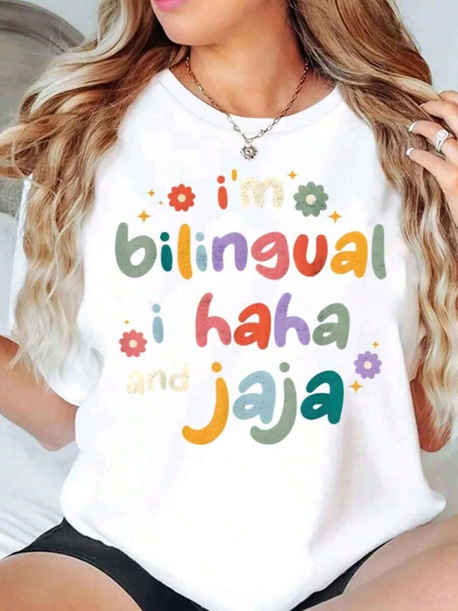 Under The RadarCamiseta de Cuello Redondo para Mujer, Colorida, con Estampado Gráfico 'Soy Bilingüe, ¡Jaja y Jaja', Estilo Casual, Corte Holgado, 220g - Estilo Urbano Vintage, Unisex, de Algodón, Manga Corta, Cuello Redondo - Blanco - Ver 1