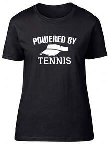 Powered by Tennis Camiseta Ajustada para Mujer, Camisetas de Moda, Tops Cómodos, Camisetas Modernas - Negro - Ver 6