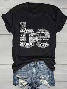 short-sleeveCamiseta casual de talla grande para mujer con gráfico de nube de palabras inspiradora, impresión vintage, de manga corta, cuello redondo, cómoda, adecuada para uso diario, vacaciones y ropa de exterior para primavera/verano/otoño100% Cotton - Negro - Ver 1