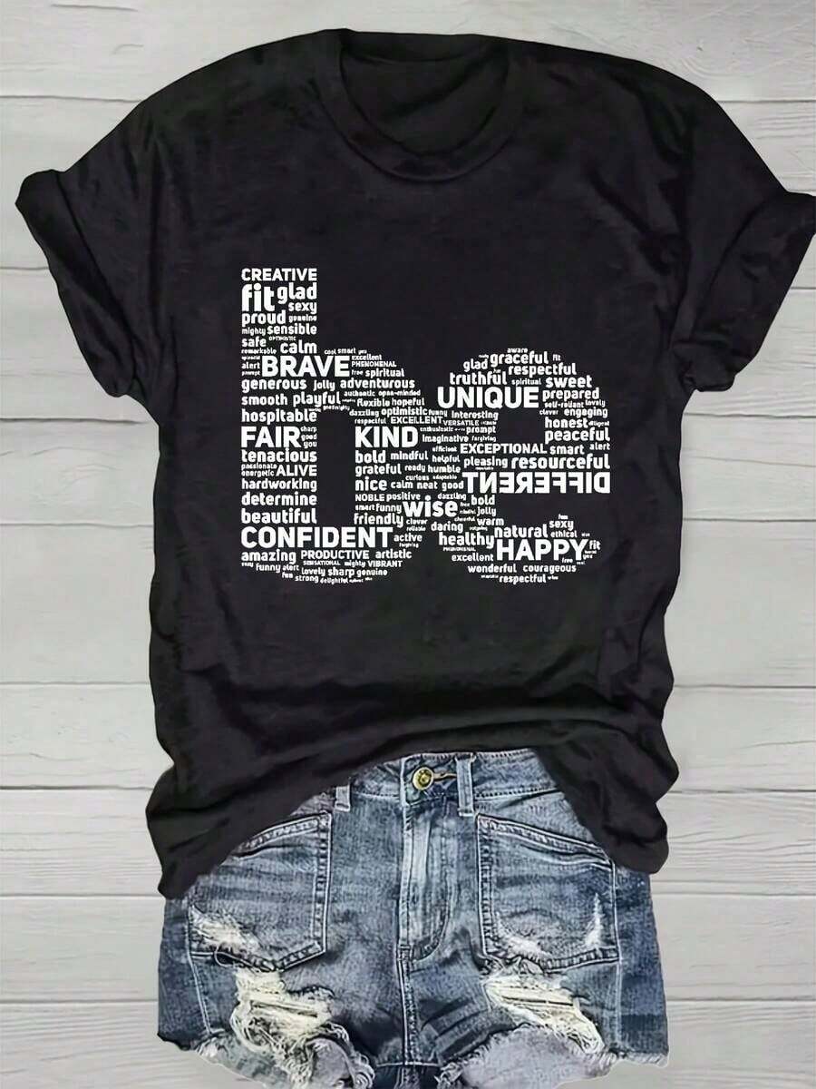 short-sleeveCamiseta casual de talla grande para mujer con gráfico de nube de palabras inspiradora, impresión vintage, de manga corta, cuello redondo, cómoda, adecuada para uso diario, vacaciones y ropa de exterior para primavera/verano/otoño100% Cotton - Negro - Ver 1