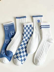5 Pairs Blue & White Bear Pattern Comfortable Breathable Mid-Calf Socks For Female Students, Suitable For Spring And Autumn - Multicolor - View 4