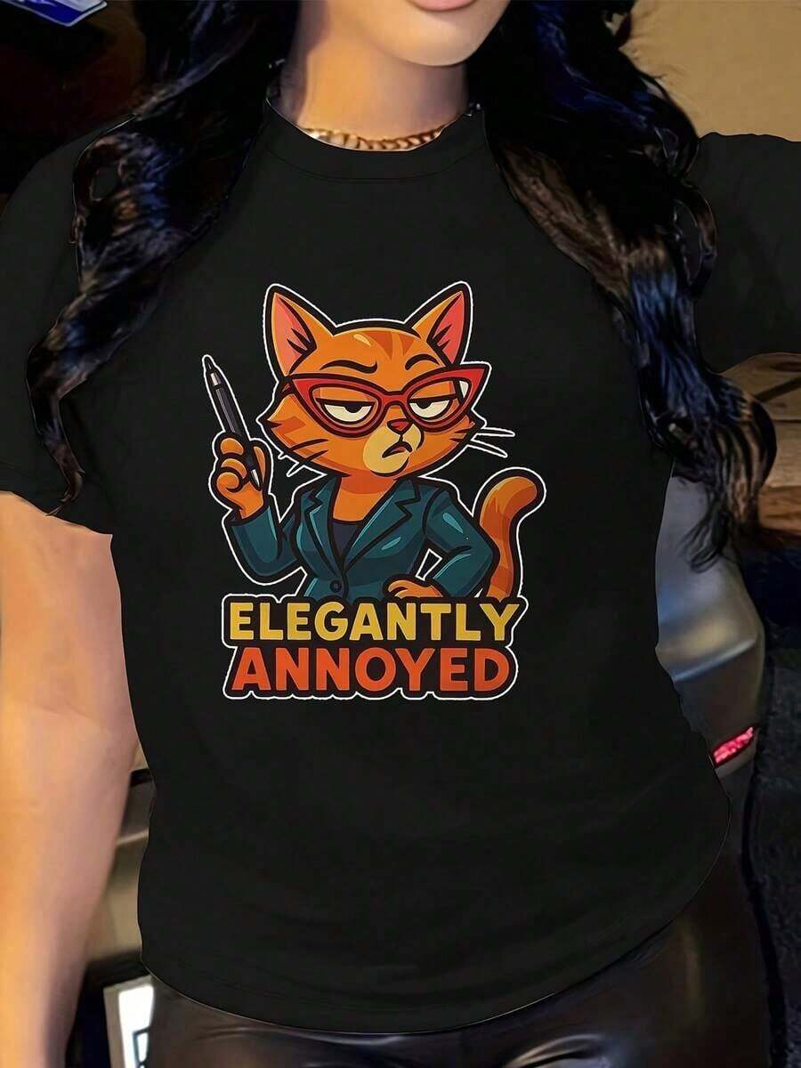 ropa de mujer Camiseta Divertida de Gato para Mujer - Diseño Elegante y Enojado, Tela Suave, Manga Corta, Cuello Redondo, Top Cómodo de Verano con Estampado Animal Divertido, Ropa Casual, Diseño Humorístico, Ajuste Cómodo, camisas de mujer - Negro - Ver 1
