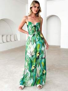 Mono estampado con tirantes y lazos de lazo, diseño casual elegante ideal para uso diario y ocasiones especiales - Verde - Ver 8