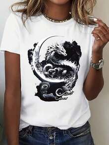 Camiseta de manga corta con cuello redondo para mujer, 100% algodón, con estampado de garras de dragón silenciosas, suave y agradable al tacto, ideal para primavera y verano, perfecta para regalar, modelo ZD012853. Camiseta de algodón transpirable, ropa de verano fresca y versátil para mujer - Blanco - Ver 6