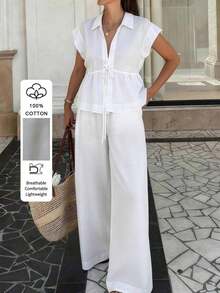 Just Masa Women's Elegant Solid Color Cotton 2-Piece Summer Casual Set, Includes Loose Short Sleeve Roll-Neck Blouse And Wide Leg Pants With Elastic Waistband, Suitable For Vacation, Travel, Work, Dates, Beach And Daily Wear - 黑色 - 查看 12