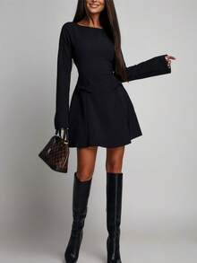 Vestido mini manga larga cuello redondo con lazo y cintura marcada - Negro - Ver 5