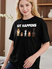 Camiseta Divertida de Arte de Entrenamiento de Perros para Mujeres Amantes de Perros y Cachorros Adecuado como regalo. playera de mujer. blusas>elegantes. boho chic,Top de mujer suave, transpirable y cómodo, ideal para primavera, verano y otoño, perfecto para vacaciones, viajes y uso diario. - Negro - Ver 7