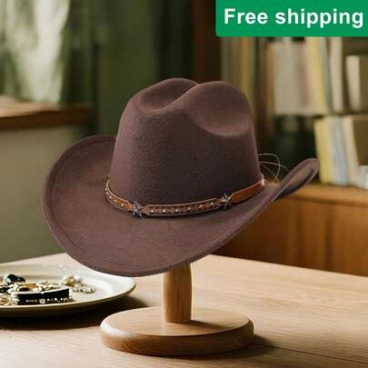 Western Style Cowgirl Cap Stylish Pentagram Leather Belt Decorated Wide Brimmed Fedora Hat For Men Women Outdoor Wear
