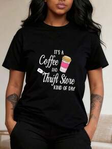 1 pieza de camiseta gráfica divertida para mujer con estampado de "Es un día de tienda de segunda mano y café", camiseta casual de manga corta con cuello redondo, 180g de algodón 100%. - Negro 3 - Ver 9