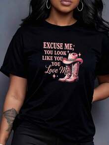 1 pcsWomen'S Playful Cowboy Boot Graphic T Shirt Excuse Me, You Look Like You Love Me Pink & White Print, Casual Round Neck, Short Sleeve, Lightweight  Blend For Spring Summer Outings, We180g Algodón 100% - Negro 1 - Ver 9