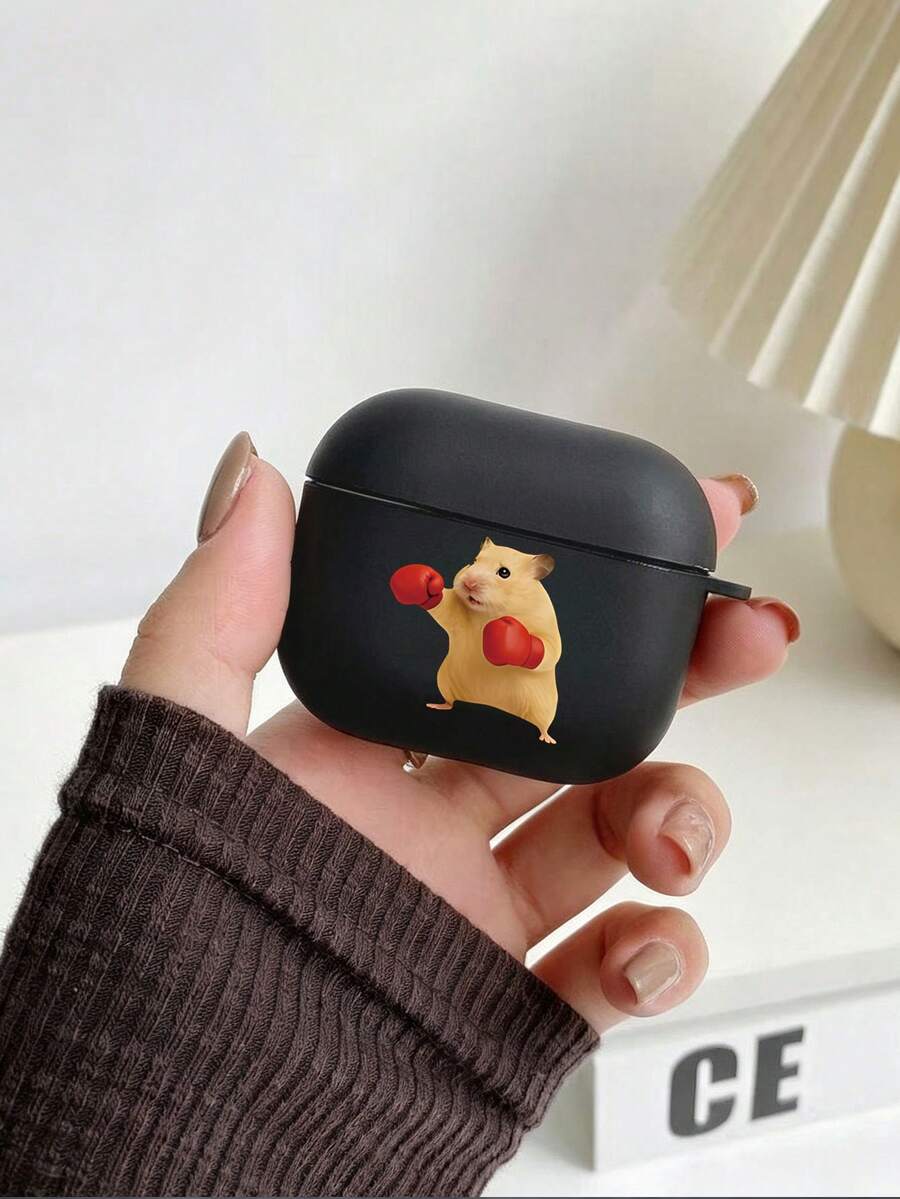 趣味红色拳击手套仓鼠图案耳机保护套，时尚黑色外壳防刮花，兼容 4/1/2/3 Pro/Pro2/Pro3 - 黑色 - 查看 1