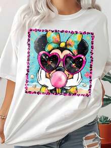 Camiseta de Verano Tropical Mouse para Mujer, Camiseta con Estampado de Corazón, Gafas de Sol y Chicle para Vacaciones en la Playa, Camiseta Casual de Algodón de Manga Corta, Camisetas de Verano para Mujer, Conjuntos de Vacaciones para Mujer, Lindos Conjuntos de Verano para Mujer - Blanco - Ver 1