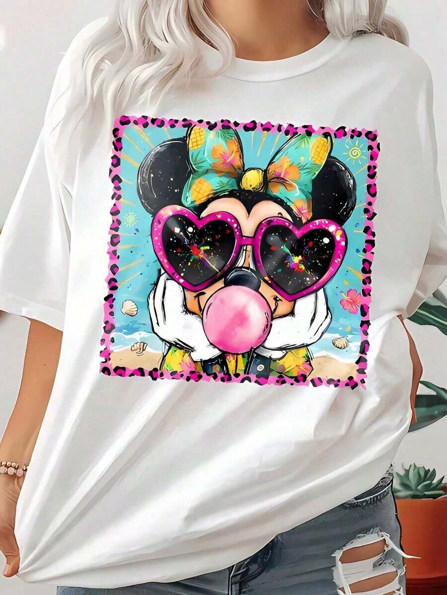 Camiseta de Verano Tropical Mouse para Mujer, Camiseta con Estampado de Corazón, Gafas de Sol y Chicle para Vacaciones en la Playa, Camiseta Casual de Algodón de Manga Corta, Camisetas de Verano para Mujer, Conjuntos de Vacaciones para Mujer, Lindos Conjuntos de Verano para Mujer - Blanco - Ver 1