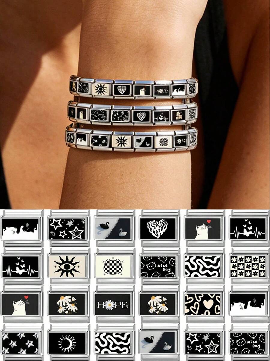 8/26pcs Stainless Steel Modular Pendant Bracelets, Suitable For Daily Wear Or DIY, Cartoon Pattern Bracelets, Can Be Given As Gifts To Family, Friends, And Loved Ones - Multicolor - View 1