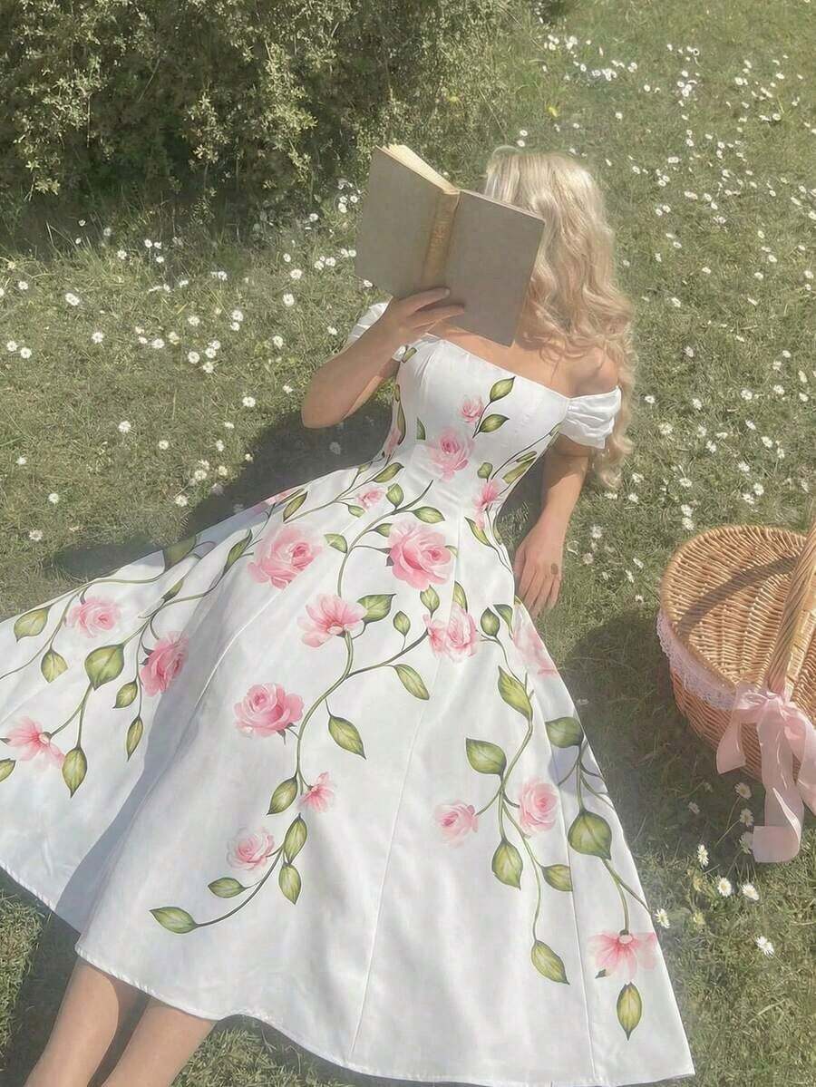 MOD Vestido floral con hombros descubiertos elegante para mujer - Blanco - Ver 1