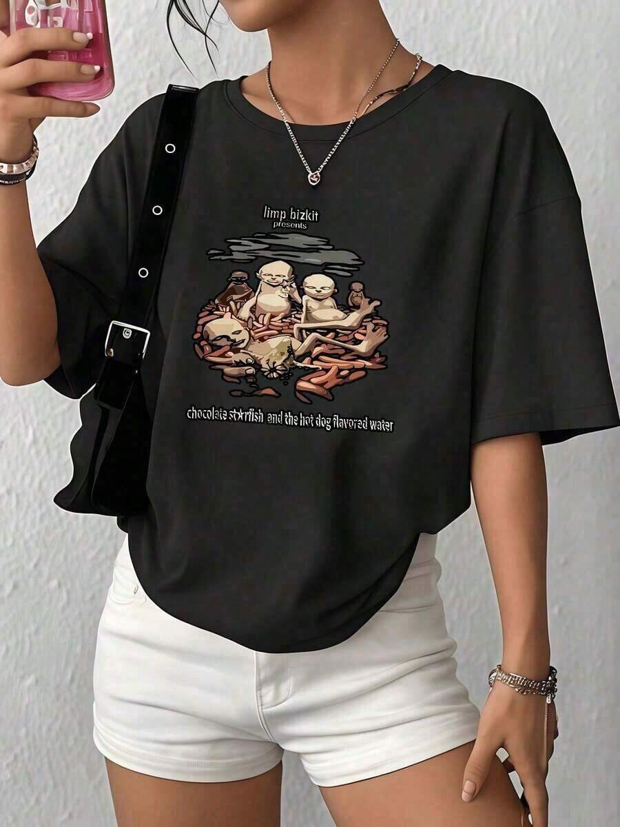 ropa de mujer Camiseta casual de mujer con estampado gráfico, portada del álbum de Limp Bizkit, 100% algodón, 1 pieza, estilo vanguardista, camiseta con estampado gráfico de gran tamaño, 100 - Negro - Ver 1