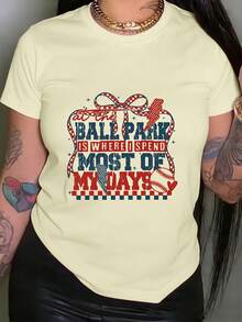 Camiseta de mujer: Paso la mayor parte de mi tiempo en el estadio de béisbol. Camiseta con estampado, top casual de manga corta y cuello redondo, tops de primavera/verano para mujer. - Negro - Ver 8