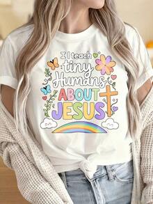 Camisetas para Mujeres y Hombres con Cuello Redondo y Mangas Cortas. Camiseta de Maestro Cristiano que enseña a los pequeños sobre Jesús, con diseño de arcoíris, cruz, mariposa y flores para mujeres. Estampados divertidos son adecuados para fiestas de Navidad, actividades deportivas, fiestas de vacaciones, salidas, deportes y otros regalos navideños. - Blanco - Ver 4