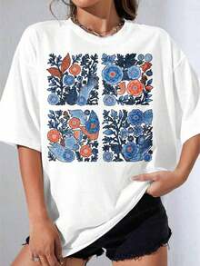 Camiseta Negra y Blanca para Niña, Camiseta Oversize con Estampado Floral Blanco, Estilo Boho, Ropa Casual de Verano, para Fiestas al Aire Libre, Camiseta Estampada Casual - Blanco - Ver 4
