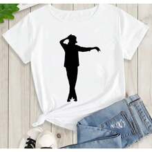 Camiseta informal de manga corta y cuello redondo para mujer con estampado, top de punto de corte regular para conjuntos de verano. - Blanco - Ver 1