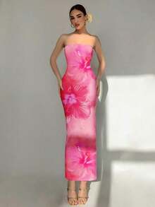 Vestido largo elegante con estampado floral de lirio para mujer, adecuado para la playa, resort, citas elegantes y románticas, festivales de música, vacaciones de primavera - Rosa - Ver 1