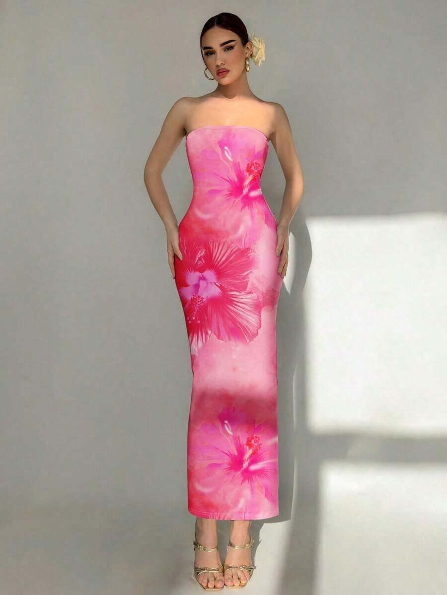 Vestido largo elegante con estampado floral de lirio para mujer, adecuado para la playa, resort, citas elegantes y románticas, festivales de música, vacaciones de primavera - Rosa - Ver 1