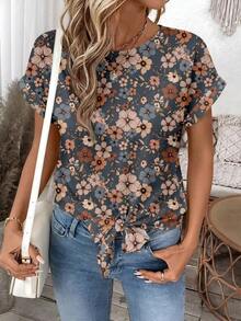 Blusa de verano estampada para mujer: Camiseta con nudo delantero linda, adecuada para salidas casuales, parte superior de abrigo para mujer, blusa floral retro, conjunto de verano para mujer - Multicolor - Ver 6