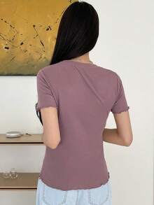 Blusa de punto acanalado con ribete de lechuga, estilo preppy de verano - Púrpura malva - Ver 2