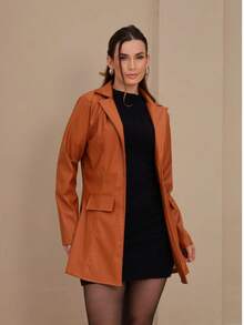 Women's Long Blazer, Premium Leather, Elegance - Lạc đà - Xem 1