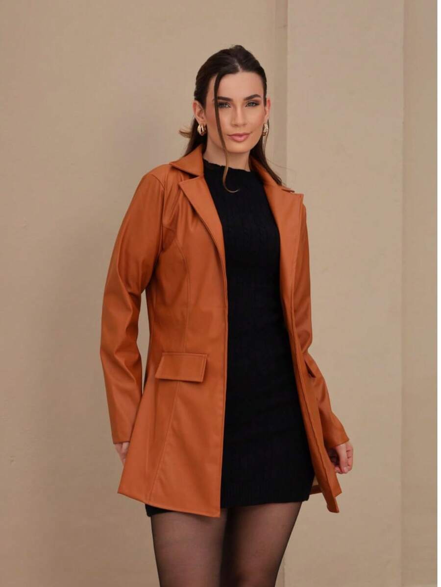 Women's Long Blazer, Premium Leather, Elegance - Lạc đà - Xem 1