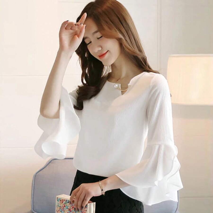 Blusa Holgada de Chifón con Mangas con Volantes de Siete Puntos para Mujer - Blanco - Ver 1