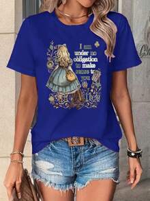 Women's Premium Printed Summer T-Shirt, Custom Design "Alice, I Have No Obligation", Versatile Casual Style For Spring/Summer, Daily Wear, Travel, Elegant Women's Clothing, Sporty And Modern Design, Simple Round Neck, Comfortable And Breathable. - 藍色 - 查看 12