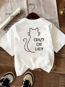 Camiseta estampada de manga corta, , camiseta casual moderna para amantes de los gatos, top casual de manga corta con cuello redondo, para verano y primavera, ropa de mujer 100% algodón. - Blanco - Ver 2